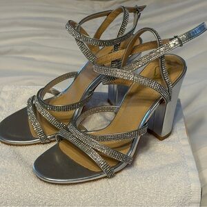 Glamorous Silver Chunky Heels with Rhinestone Straps
